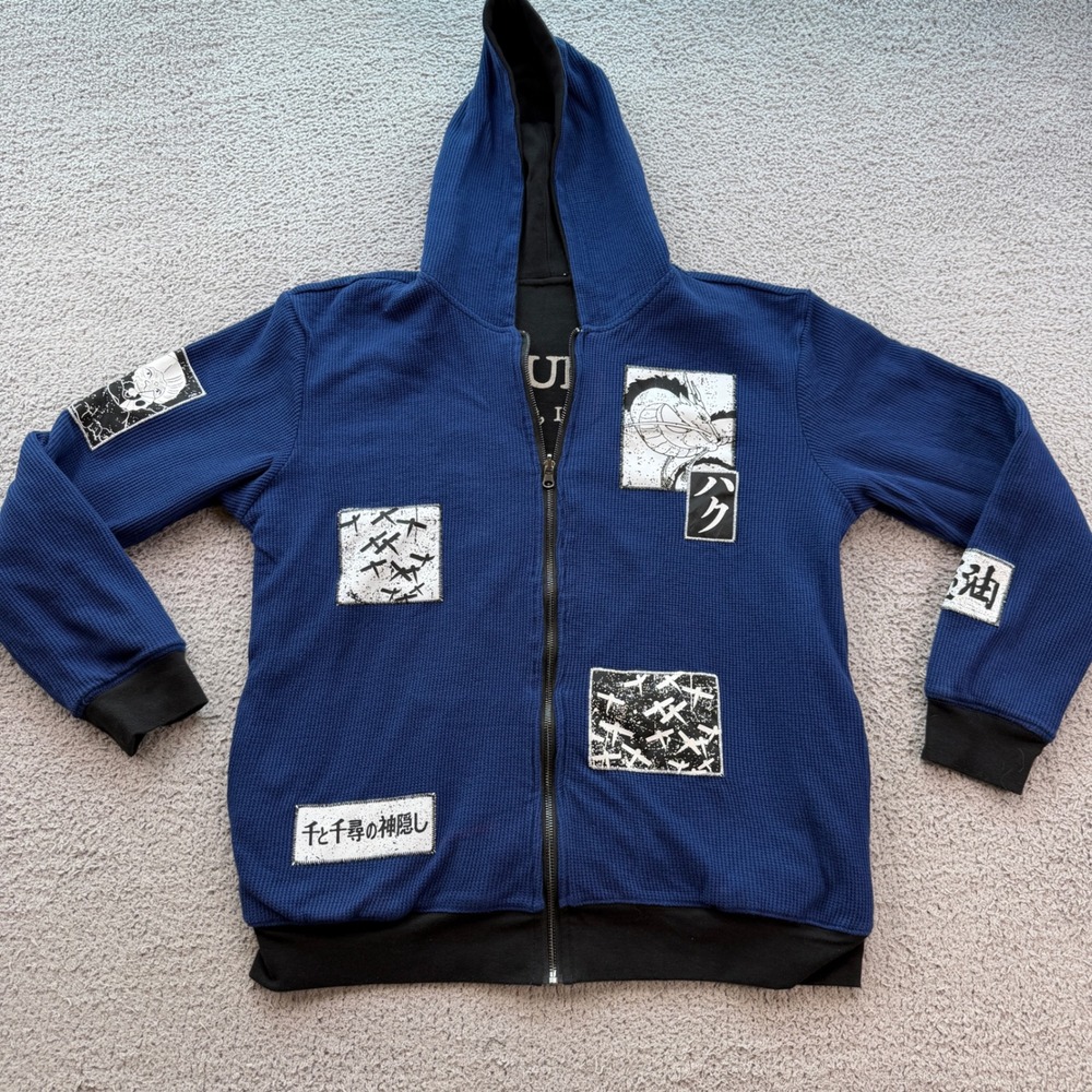 Studio Ghibli Spirited Away Reversible Hoodie Blue Waffle Black No Face L